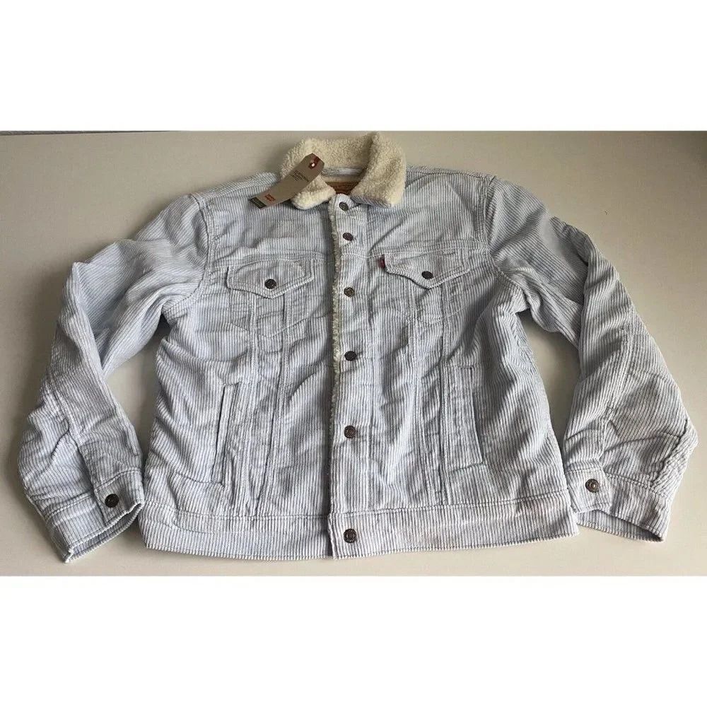 Levi’s Women’s Sz M Ex-Boyfriend Corduroy Trucker Jacket Baby Blue Sherpa Lined